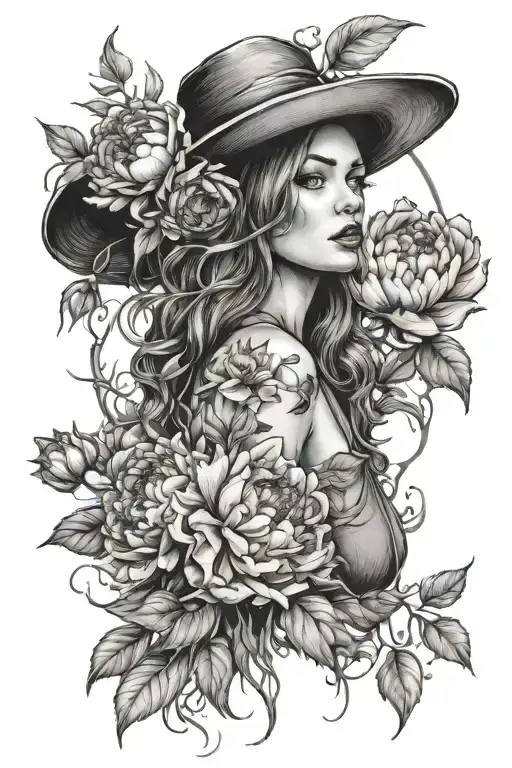 Sketch Tattoo Girl Witch On Fire Moon Peonies Flower
