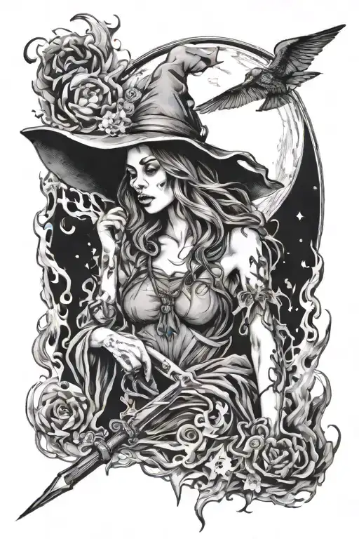 Sketch Tattoo Girl Witch On Fire Moon