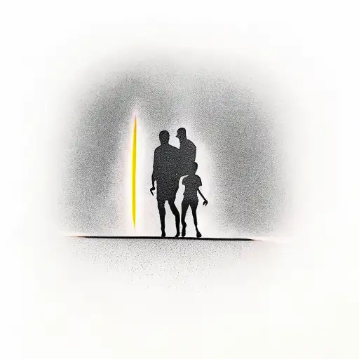 A Silhouette Of A Father And Son Walking Towards A Glowing Light In The Sky