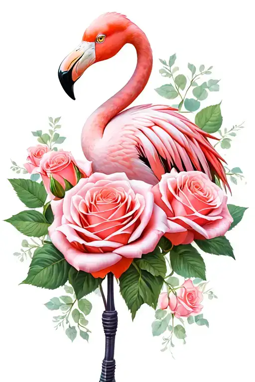 Pink Flamingo And 3 Pinks Roses