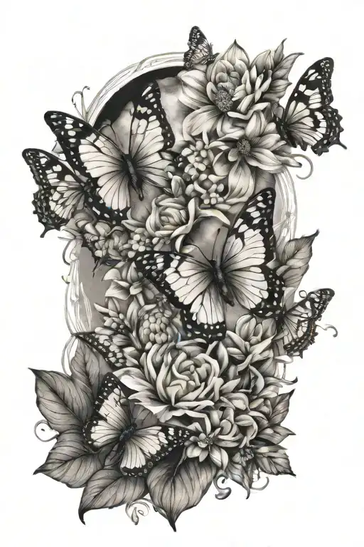 Butterflies And Flowers And Small Moon