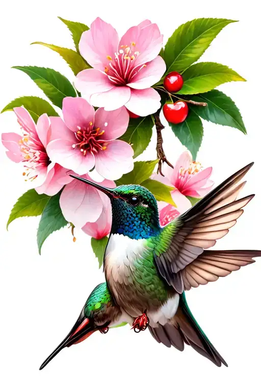 Cherry Blossom With Hummingbird Hovering