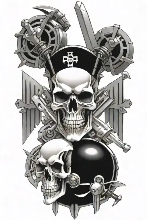 Evil Skull And Swords Surrounded By Engine Parts Intertwined