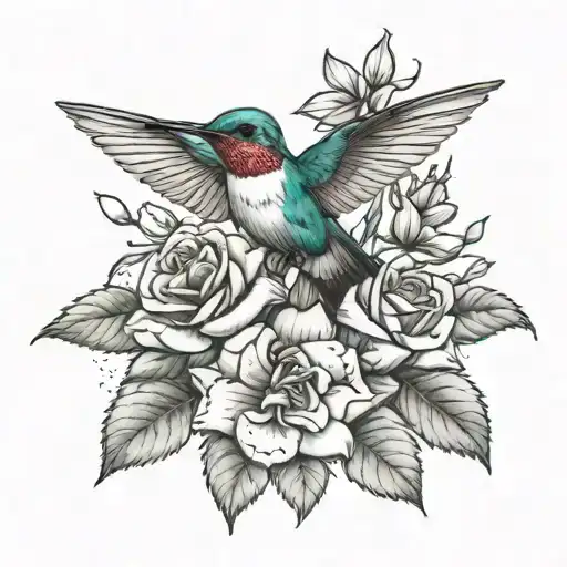 Hummingbird On Roses Growing