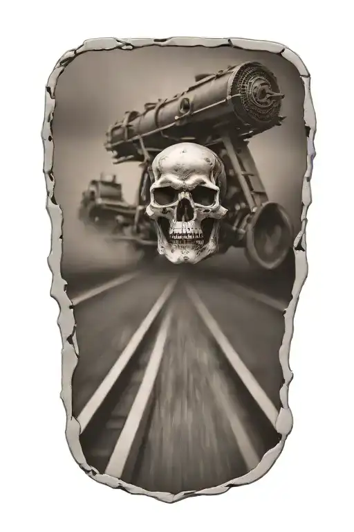 Railroad Train Tracks Going Into The Distance With Skulls And Harley Davidson Engine Parts
