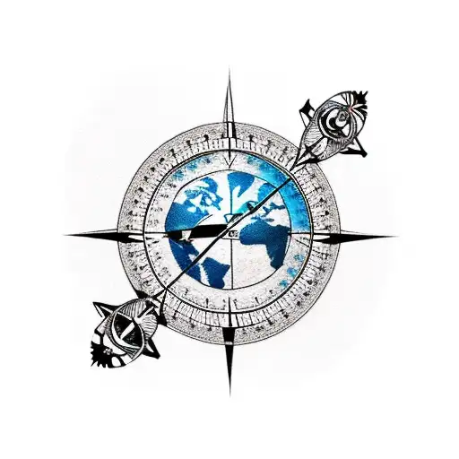 A Detailed And Realistic Earth Tattoo With A Traveler's Compass Incorporated Into The Design