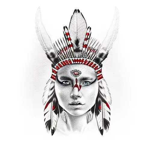 Native American Indian Girl With Red Stripe Across Her Eyes With Wolf Headdress