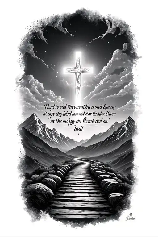 Mountains With Path Leading To Cross With Bible Verse Underneath