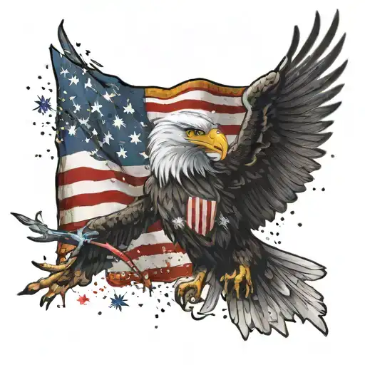 American Flag With Eagle And Fireworks Exploding In The Night