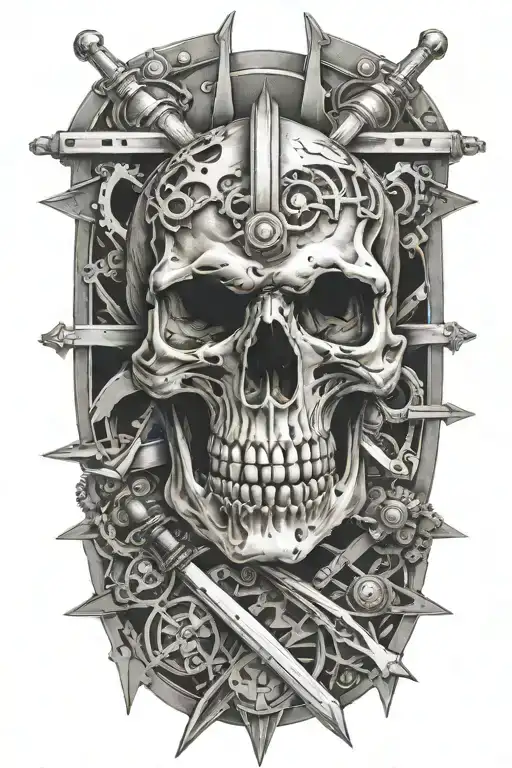 Evil Skull And Swords Surrounded By Engine Parts