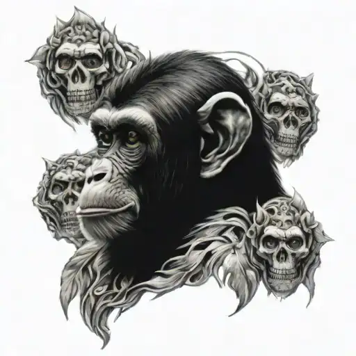 Monkey With Flaming Skulls Surrounded