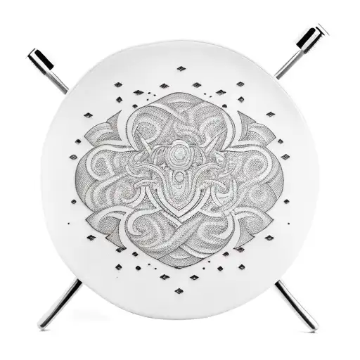 An Intricate Coffee Cup Design With Nordic Patterns And Medical Instruments Intertwined