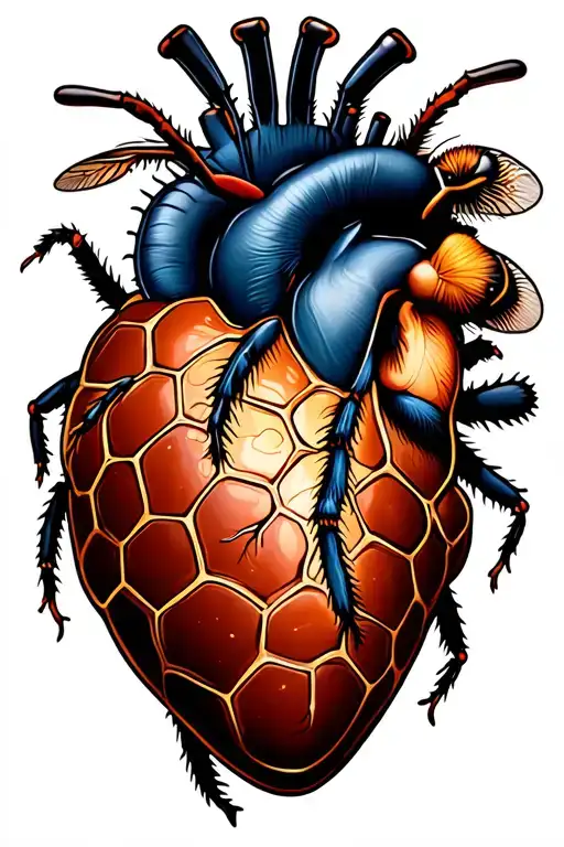 Heart Organ Style Honeycomb With One Bee Colored And Realistic