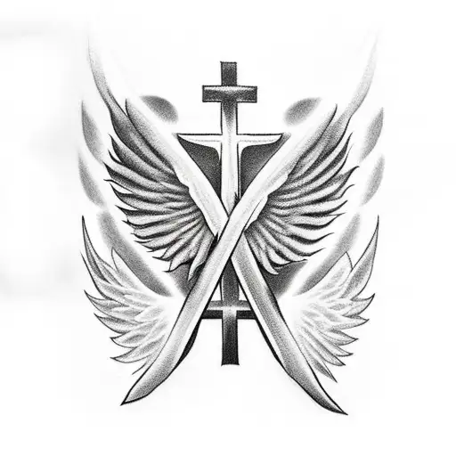 Christian Cross With Angel Wing On The Left Side And Demon's Wing On The Right Side