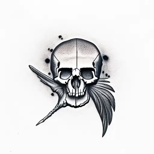 Raven Skull On Heart With Raven Feathers