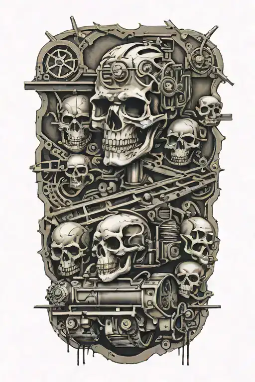 Railroad Train Tracks Going Into The Distance With Evil Skulls And Harley Davidson Engine Parts