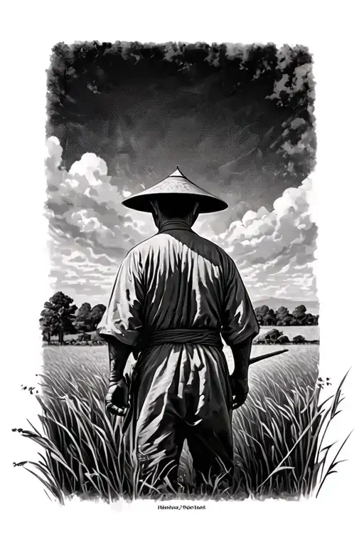 Old Chinese Farmer In A Field Facing Away Black And Gray