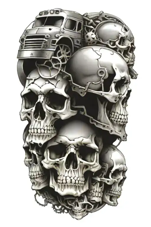 Railroad Train Travelling Through A Group Of Skulls Surrounded By Engine Parts