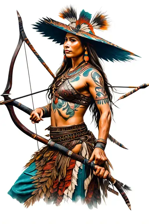 Mikmaq Warrior Bow And Arrow Lady With Mikmaq Hat Surrounded