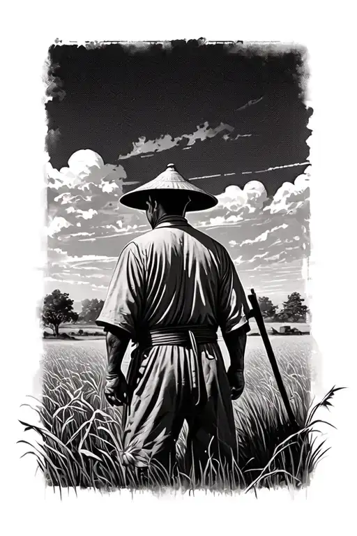 Old Chinese Farmer In A Field Facing Away Black And Gray