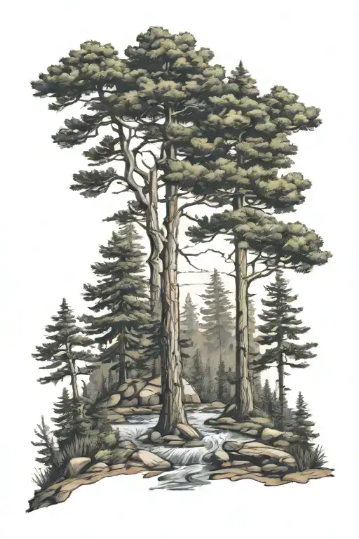 Outdoor Wilderness Scene With Pine Trees