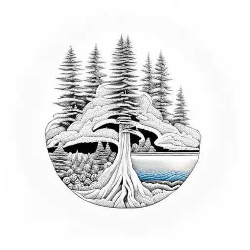 An Intricate Design Of A Hiking Boot Surrounded By Various Elements Of Nature Like Trees And Rivers