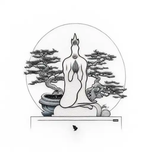 A Minimalist Tattoo Design Of A Cat Meditating Under A Bonsai Tree