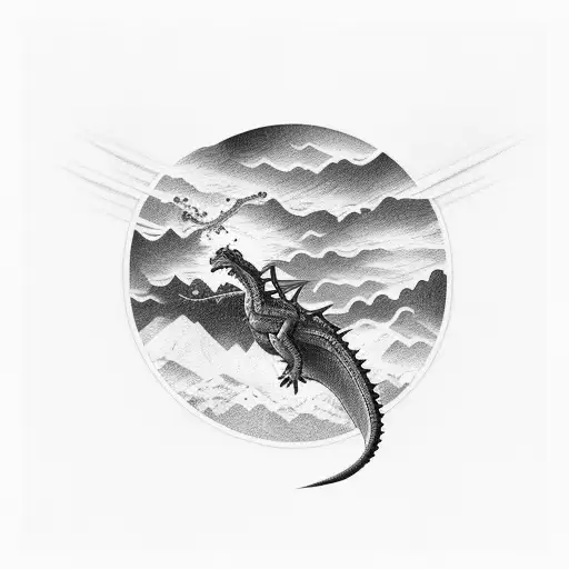 A Dragon Flying Over A Mountain Range With Bolts Of Lightning Striking The Peaks