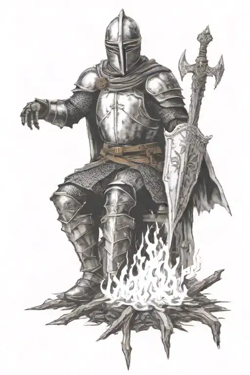 Dark Souls Knight Sitting In Fronf Of Bonfire Witn Sword In It