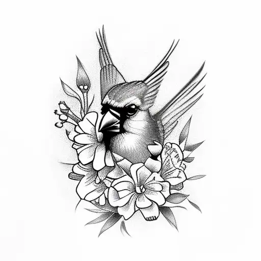 Cardinal And Hummingbird With Flowers