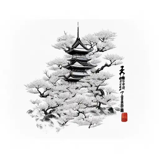 Japanese Samurai With Temple And Cherry Blossom Tree