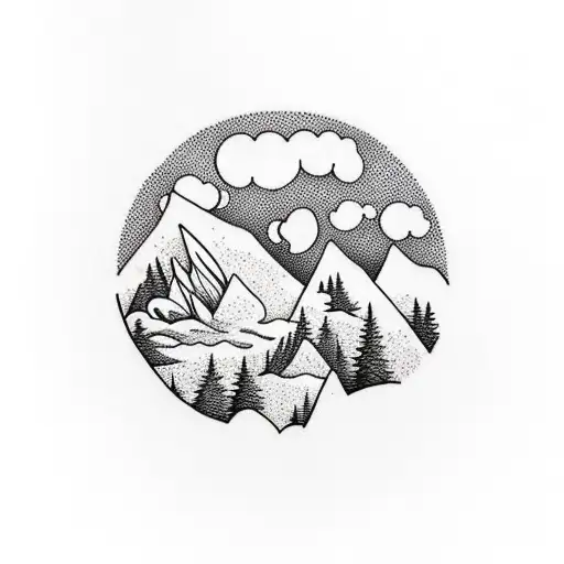 Mountain Scene With Campfire And Trees And Water And Clouds