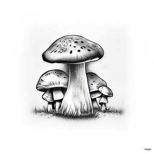 A Realistic Mushroom Tattoo With A Dog Hidden Among The Fungi