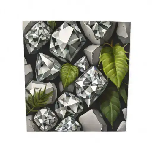 Pile Of Diamonds Scattered On Grey Stones With Jungle Leaves In Background