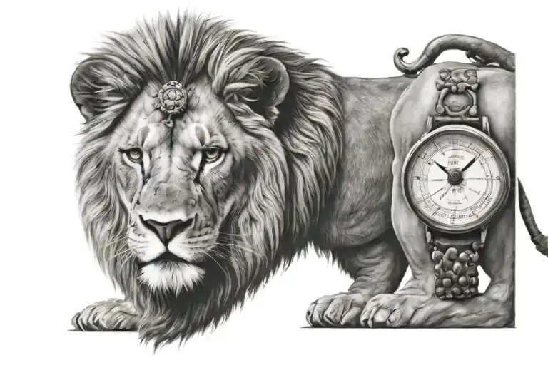Imposing Lion Gazing Piercing With Watch Compass At The Bottom