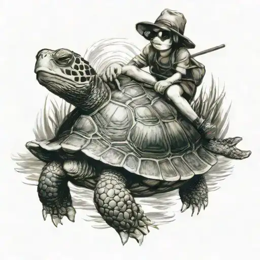 Grogu Riding A Turtle Playing