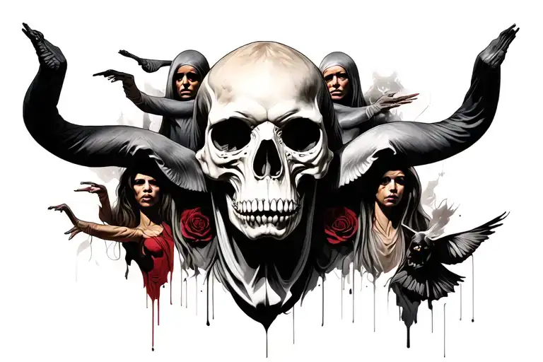 Cowled Skull Wearing A Mask Surrounded By Faceless Human Like Figures