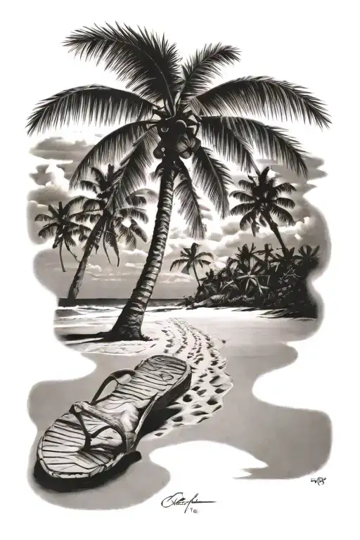 Footsteps On A Beach With Canary Palm Tree
