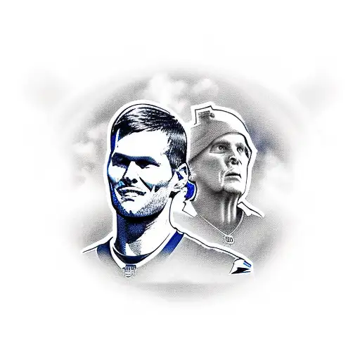 New England Patriots Logo With Tom Brady And Bill Belichick With Gillette Stadium In The Background