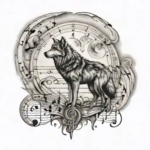 Wolf And Moon Surrounded My Music Notes