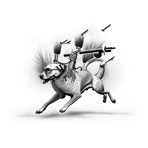 Hunting Shooting Over A Pointing Dog With Tall Grass And Pheasants Flying