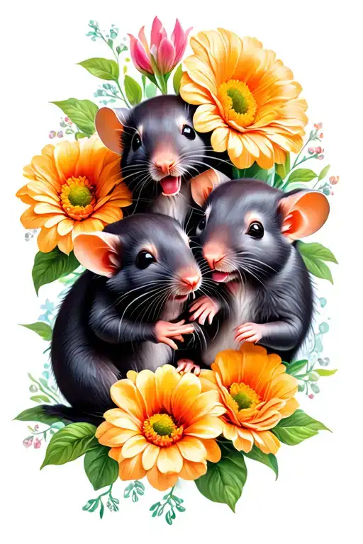 5 Rats Playing Together With Flowers