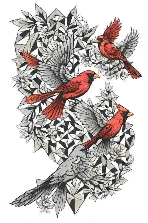 Repeating Geometric Pattern Fading Away With Red Cardinal Above Taking Flight