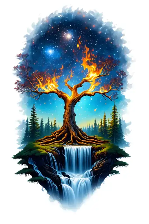 Not So Basic Tree Of Life Burning In A Starry Night Scene With With A Waterfall Running Through It