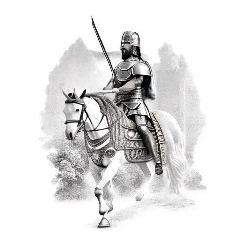 Roman Warrior On Horse With A Spear In Front Of A Temple