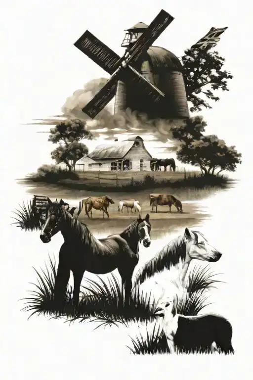 Farm Scene With Dog And Horses Standing