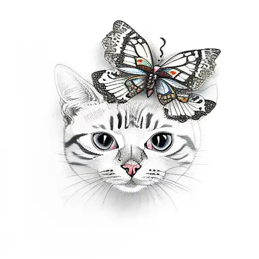 Woman Holding A Cat With Butterflies Around And Flowers