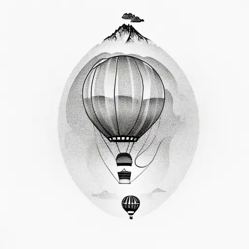 A Realistic Depiction Of A Mountain Range With A Hot Air Balloon Floating Above