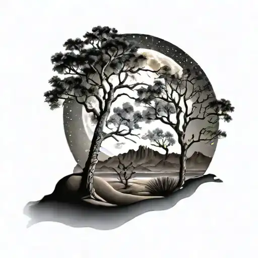 Sleeve Tattoo Of Desert Trees At Night With A Quarter Moon And Bats Flying