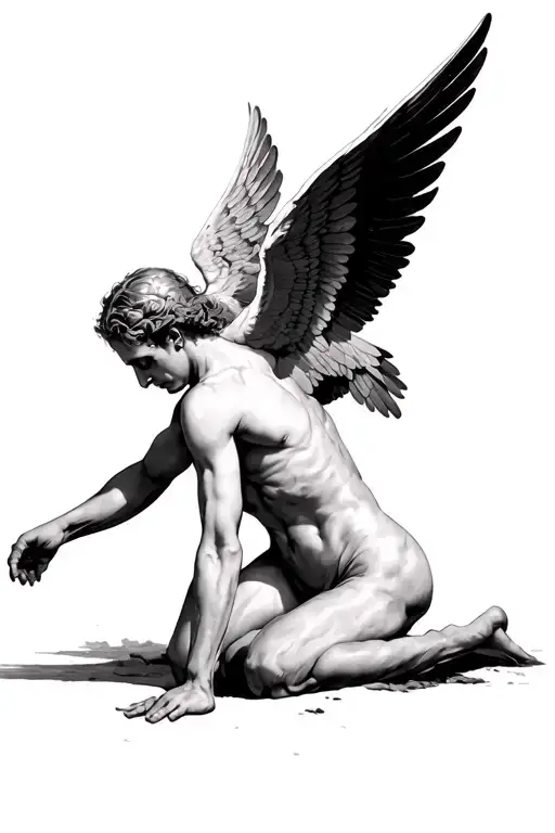 Icarus Who Takes Up Her Knees On The Ground Without Her Wings In Black And White Man